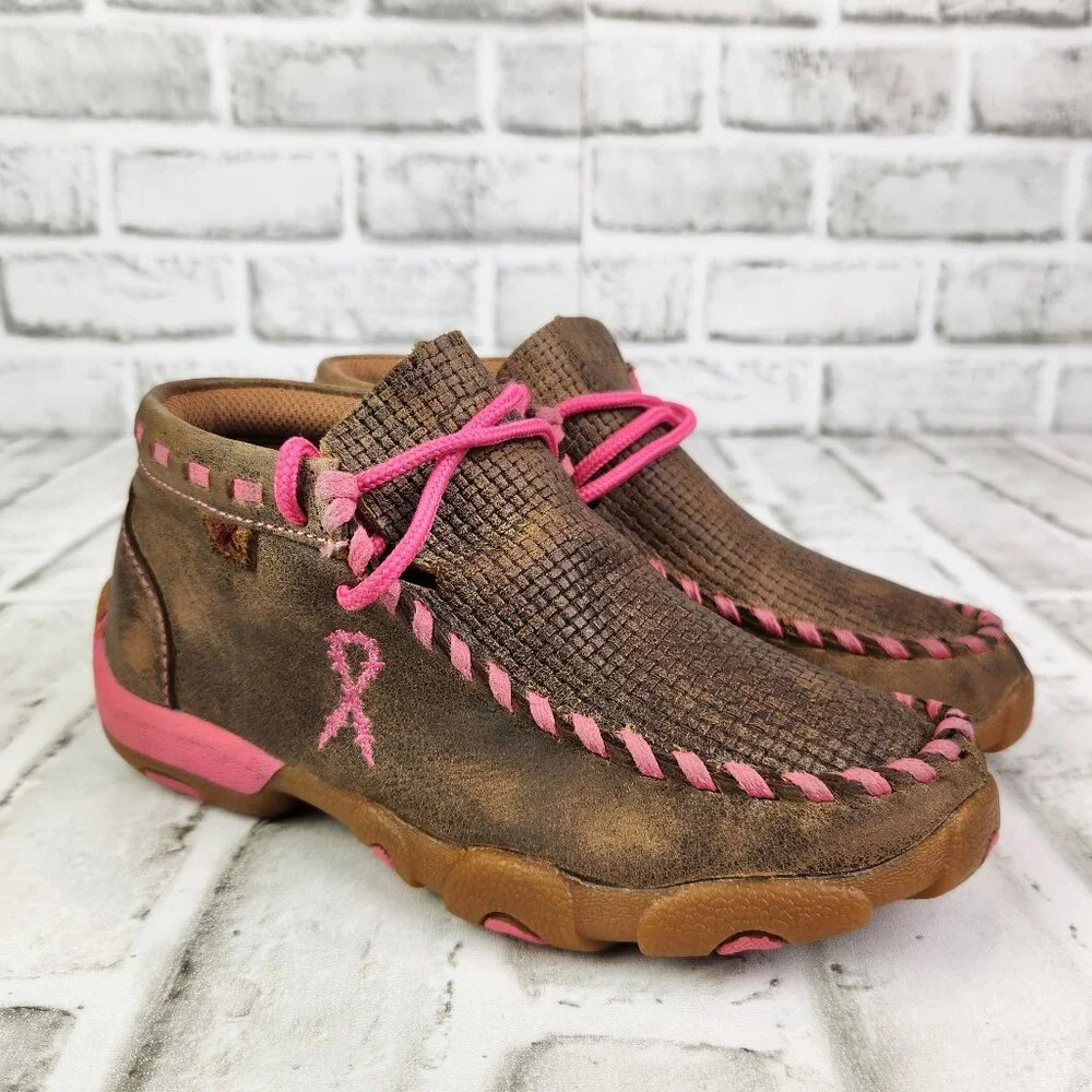 Twisted X Chukka Driving Breast Cancer Mocs Youth 12.5 Brown Leather Ankle Boots