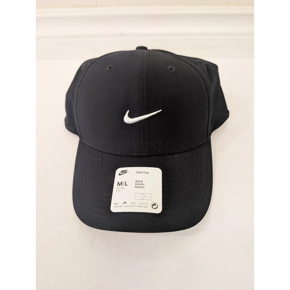 NWT Size M/L Nike Dri-Fit Club Black Dad Cap Golf Tennis White Swoosh Men's New!