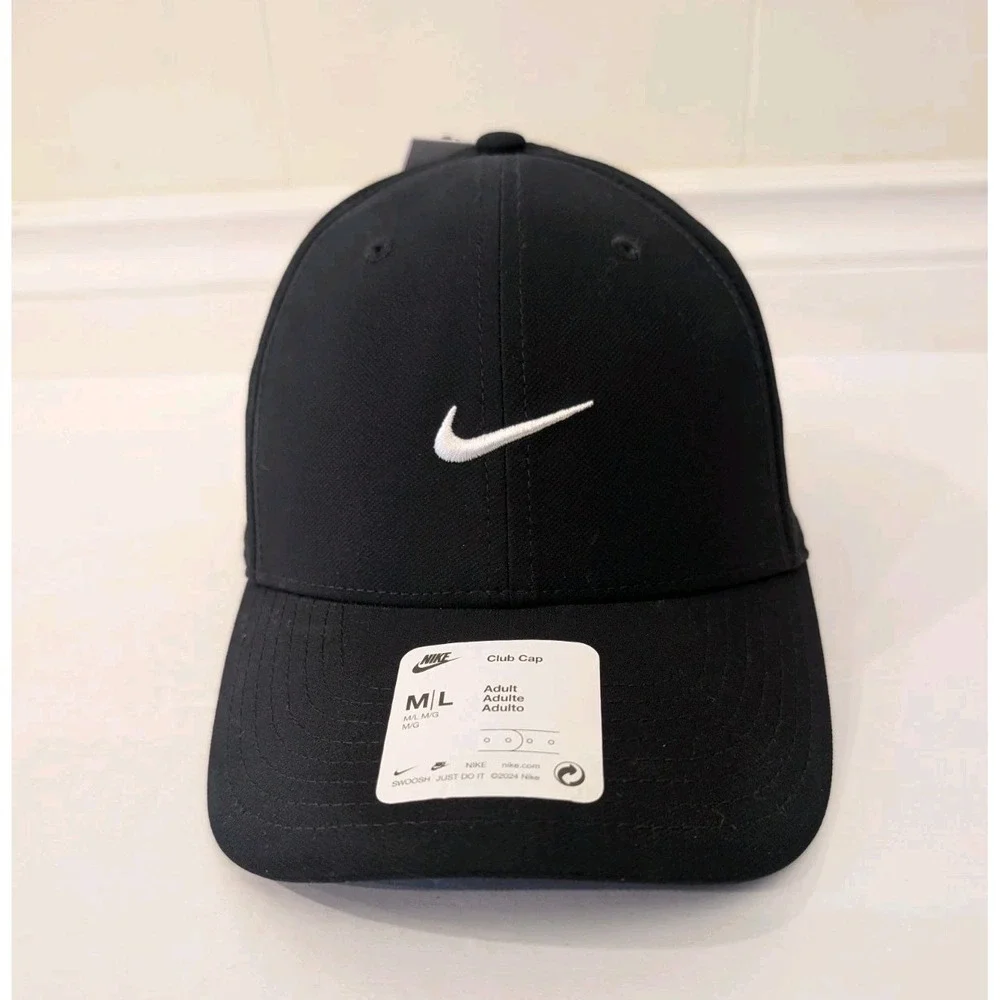NWT Size M/L Nike Dri-Fit Club Black Dad Cap Golf Tennis White Swoosh Men's New!