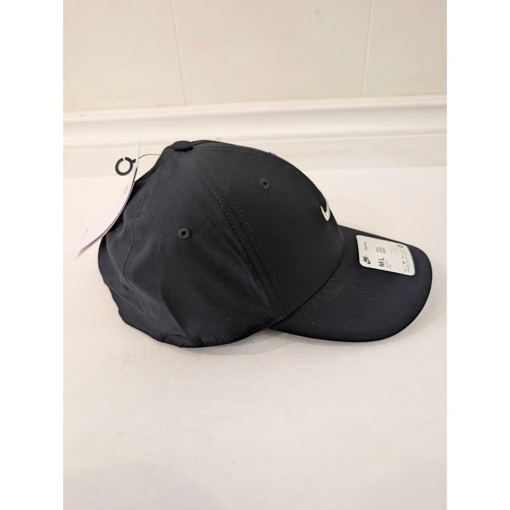 NWT Size M/L Nike Dri-Fit Club Black Dad Cap Golf Tennis White Swoosh Men's New!