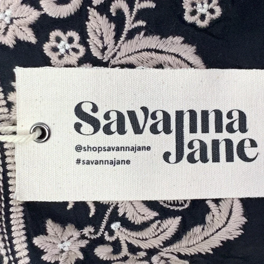 New Savanna Jane Dress/Top Women Size Medium Black Tan Embroidered Floral NWT