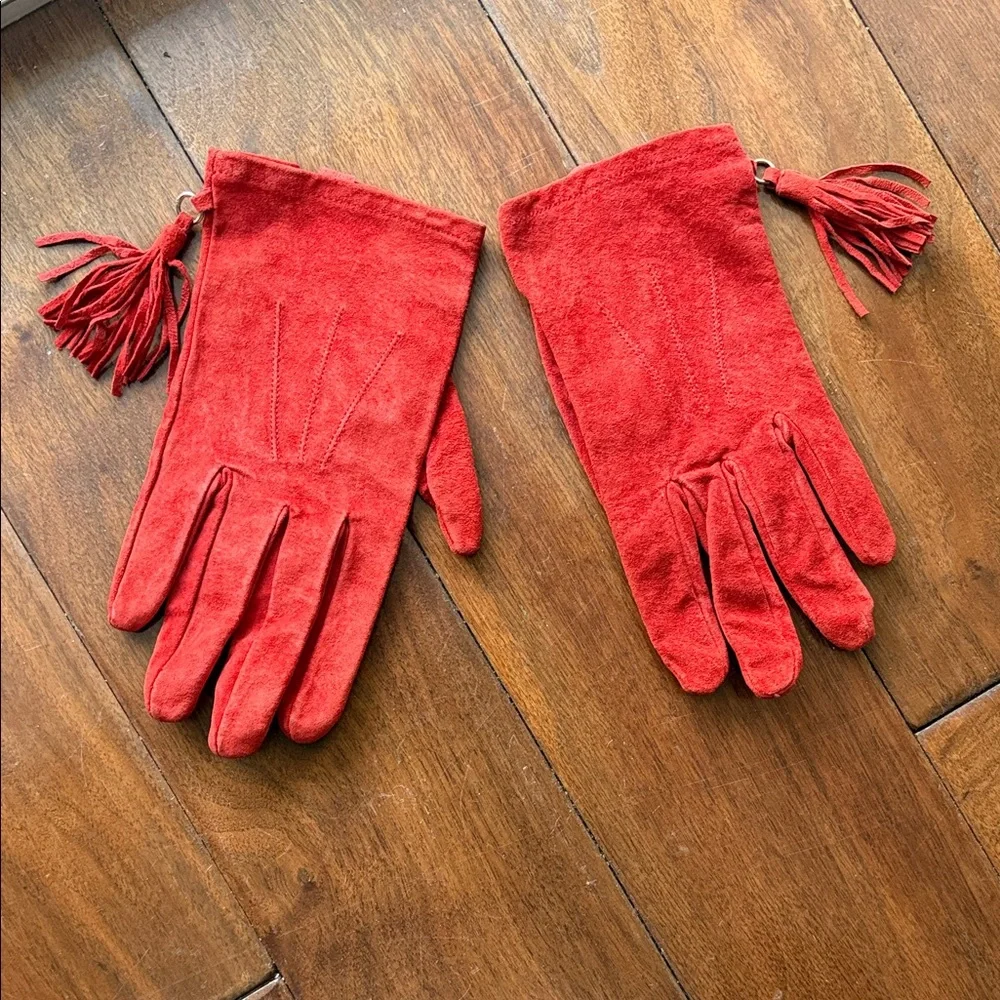 Red Suede Gloves with Tassels