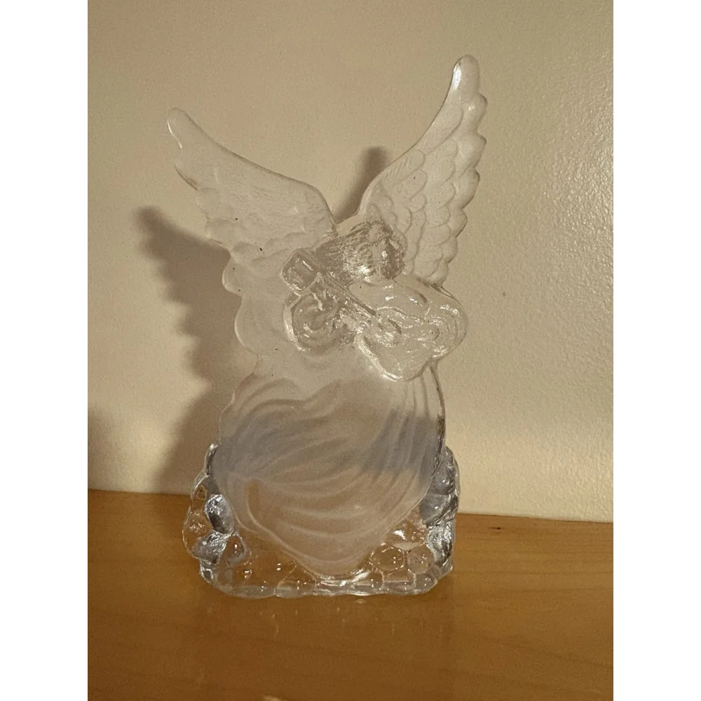 Vintage Frosted Glass Angel Tealight Candle Holder Musician Wings Figurine 6”