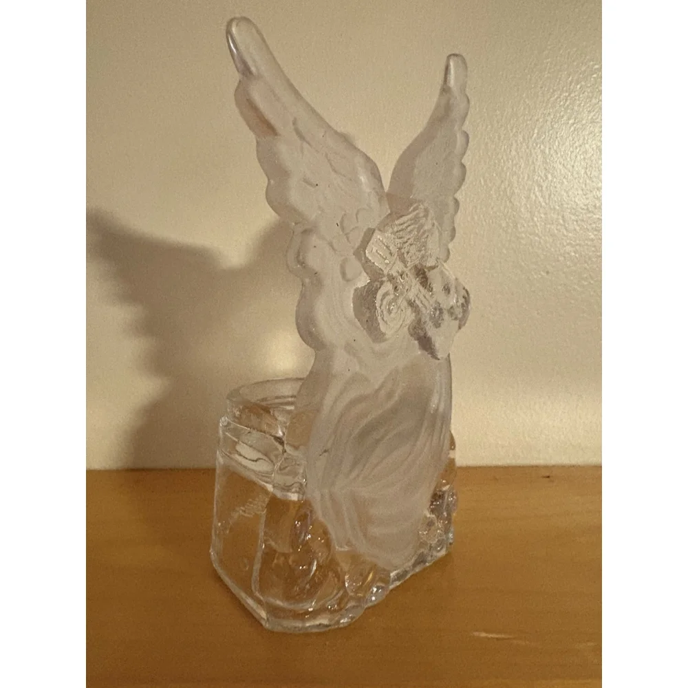 Vintage Frosted Glass Angel Tealight Candle Holder Musician Wings Figurine 6”