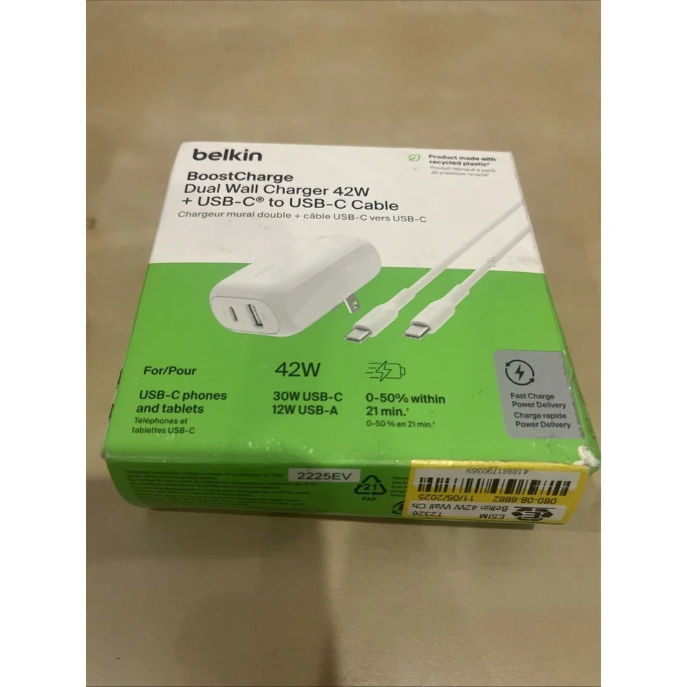 Belkin - BOOSTCHARGE 42W Dual Wall Charger + USB-C to USB-C Cable - New Open Box