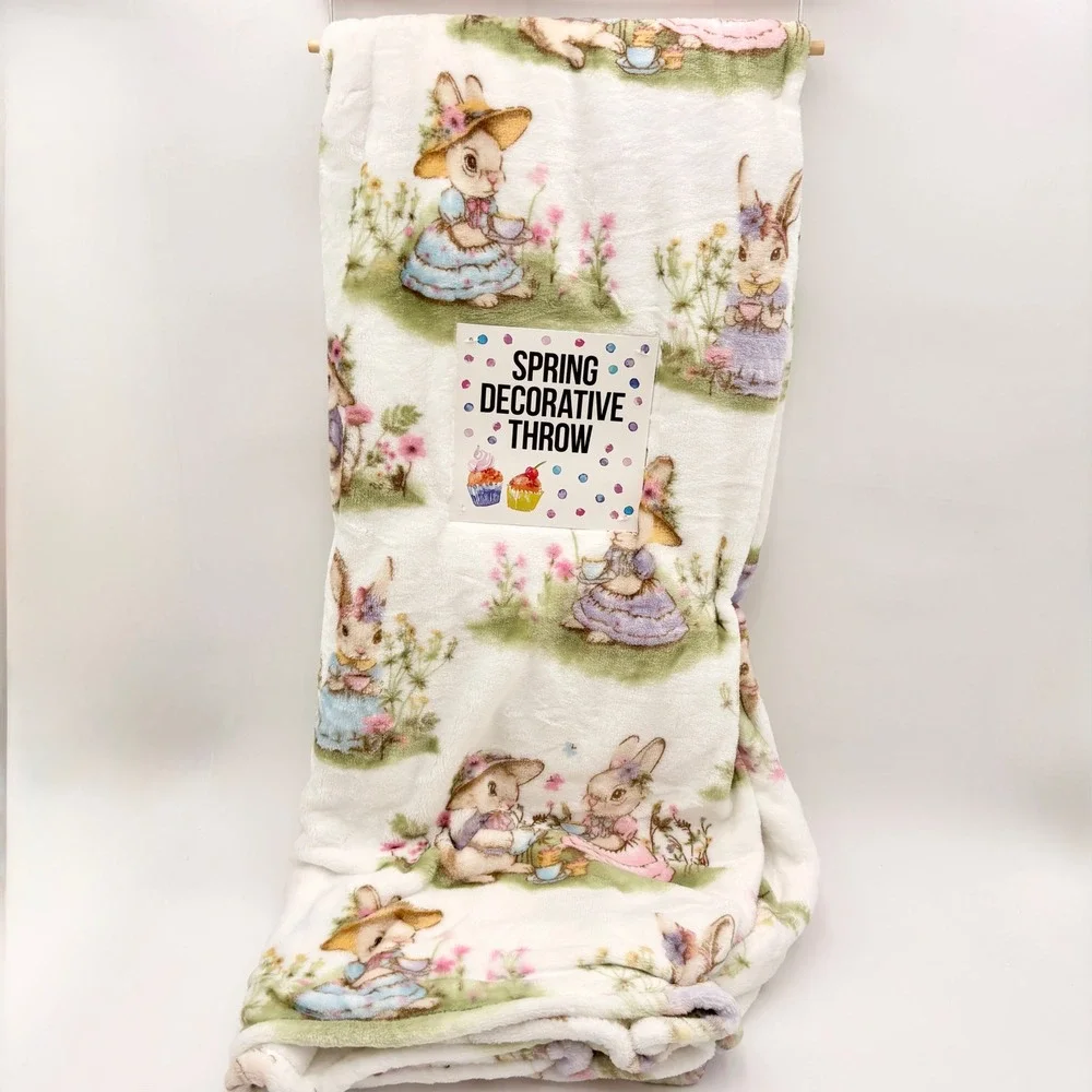 Adirondack Easter Spring Throw Blanket White Bunnies Floral Garden Tea party