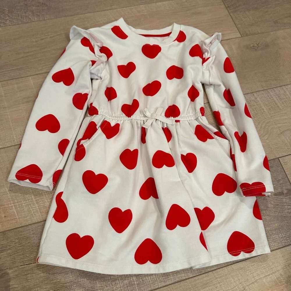 CAT & JACK GIRLS HEART LONG SLEEVE DRESSS VALENTINES SMALL 6/6X VALENTINES DAY