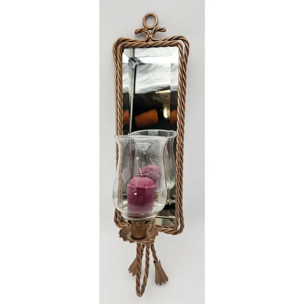 Antique Gold Wall Mirror Candle Holder – Etched Glass Hurricane w/ Purple Candle