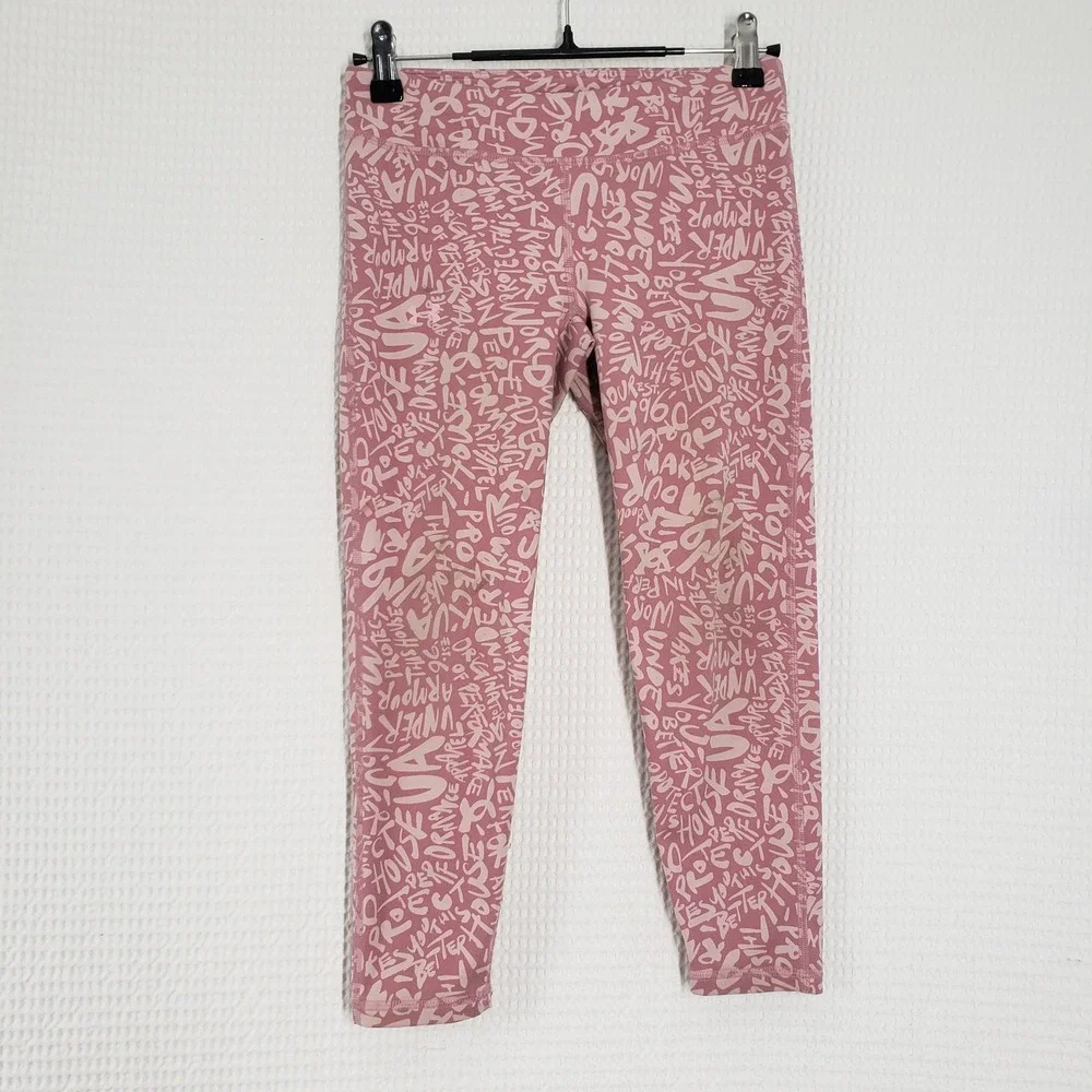 Under Armour Capri Leggings Girls Large Pink Graphic Print Logo Athletic Workout
