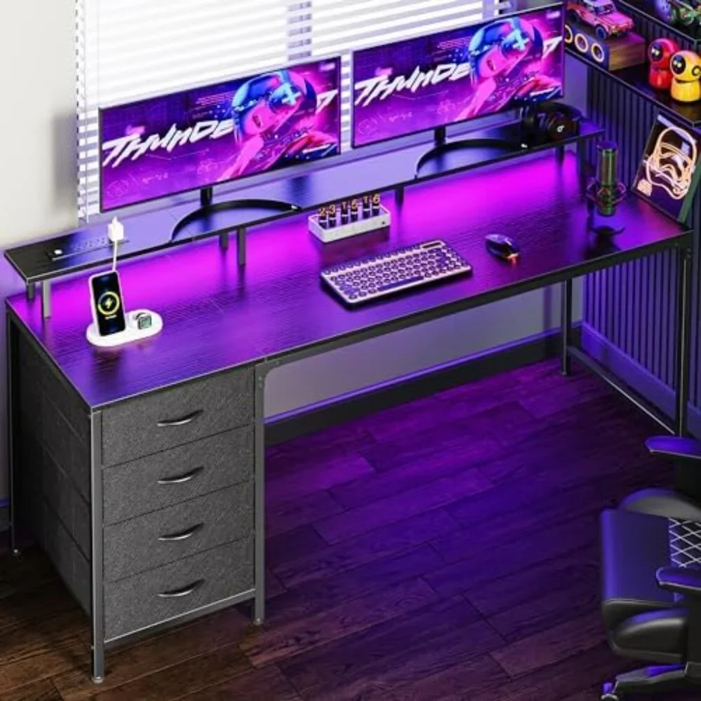 Computer Desk With A Power Socket And LED Light, A Game Desk With Four Drawers,