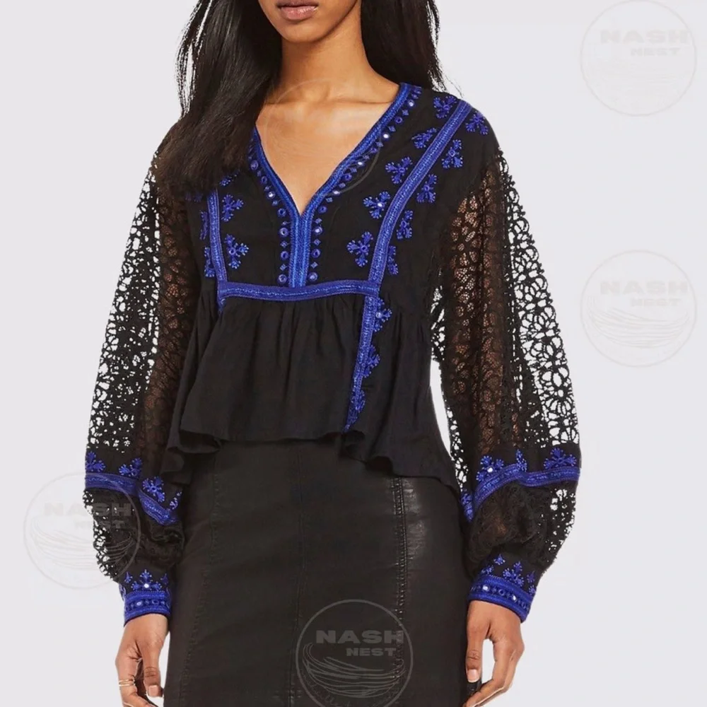 FREE PEOPLE Boogie All Night Peasant Blouse Embroidered Mirror Lace Size Large