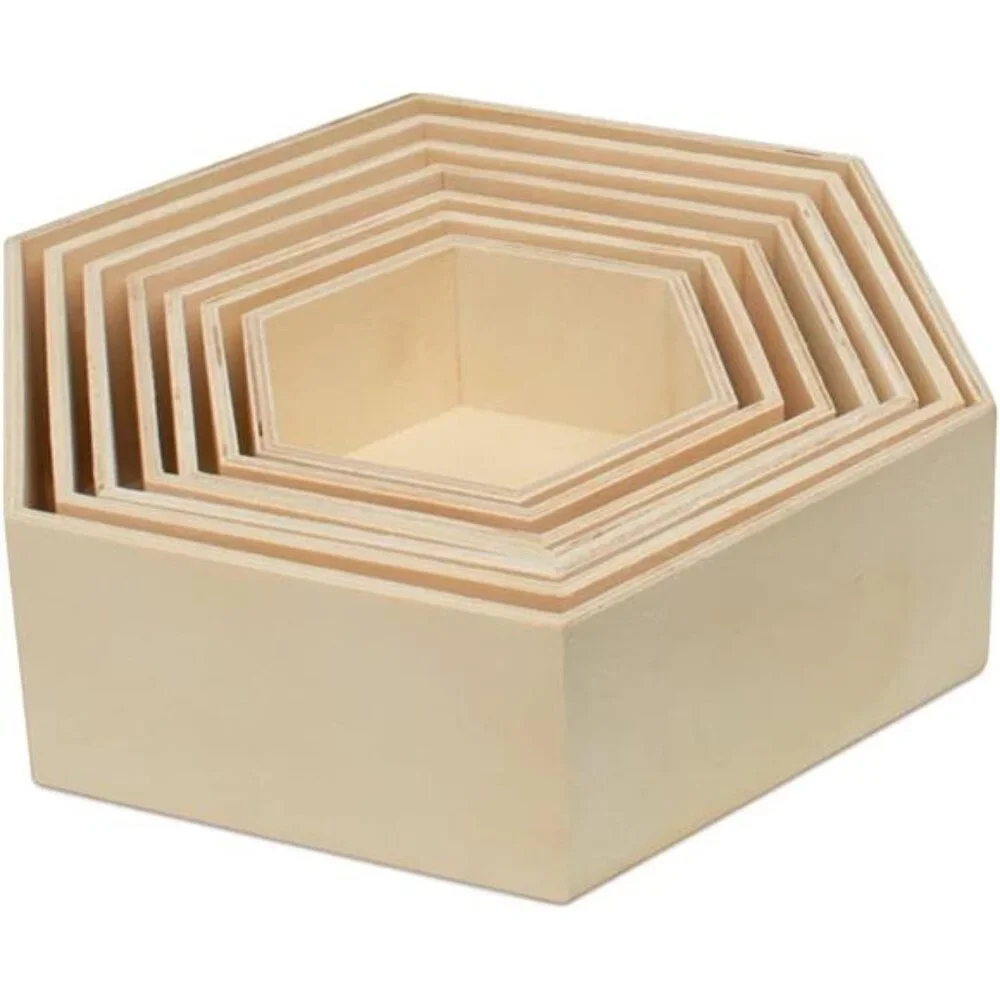 New Wooden Hexagon Floating Shelves with Backs, Set of 7, Unfinished