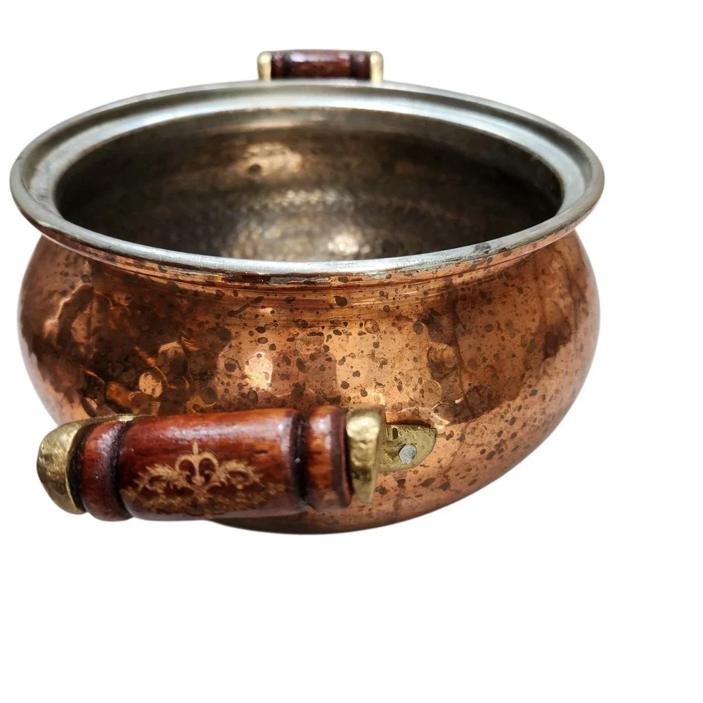 Vintage French Hammered Copper Stock Pot Tin Brass Handles Decorative **NO Lid**