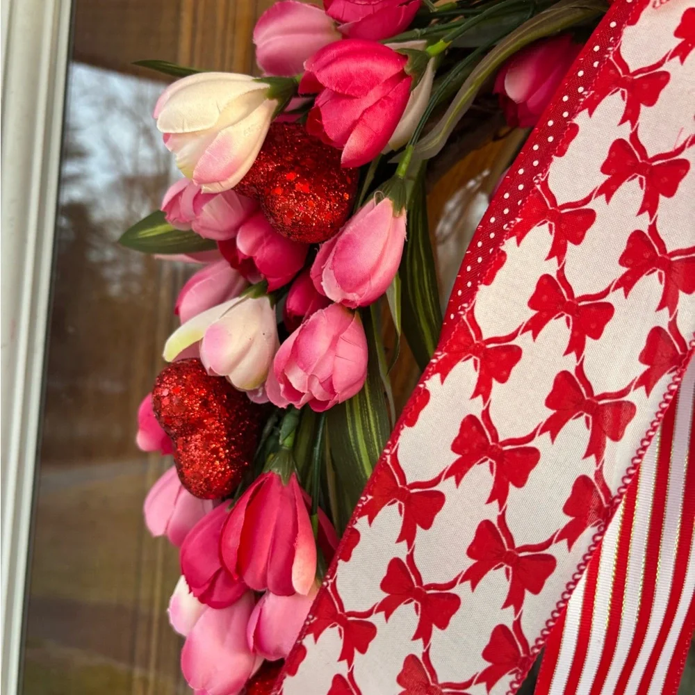 Custom Valentine Grapevine Wreath, 20”-22” Diameter, Door Hanger, Pink, Red, Bow