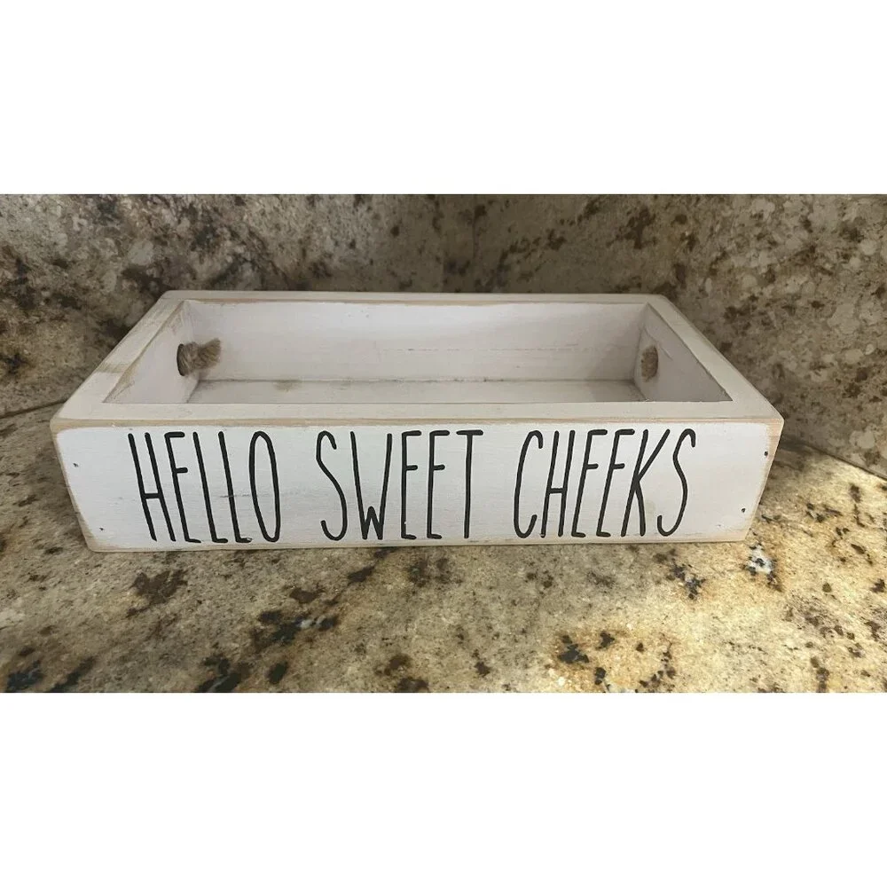 Wood Toilet Paper Holder Hello Sweet Cheeks & Nice Butt Bathroom Decor Tray Box