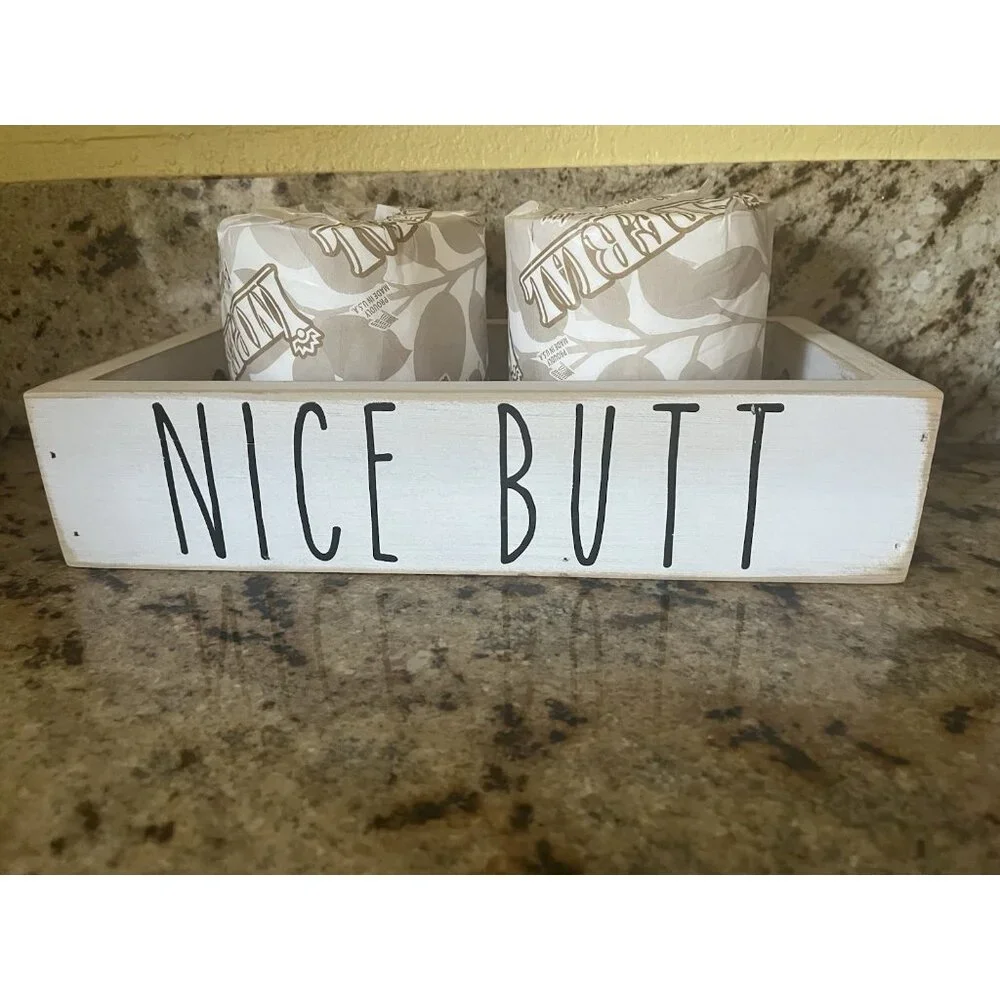 Wood Toilet Paper Holder Hello Sweet Cheeks & Nice Butt Bathroom Decor Tray Box