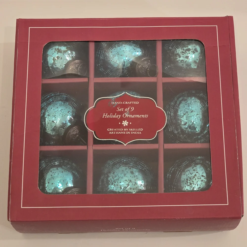 NWT 9 Turquoise Crackled Mercury Glass Holiday Ornaments with Antique Bronze Cap