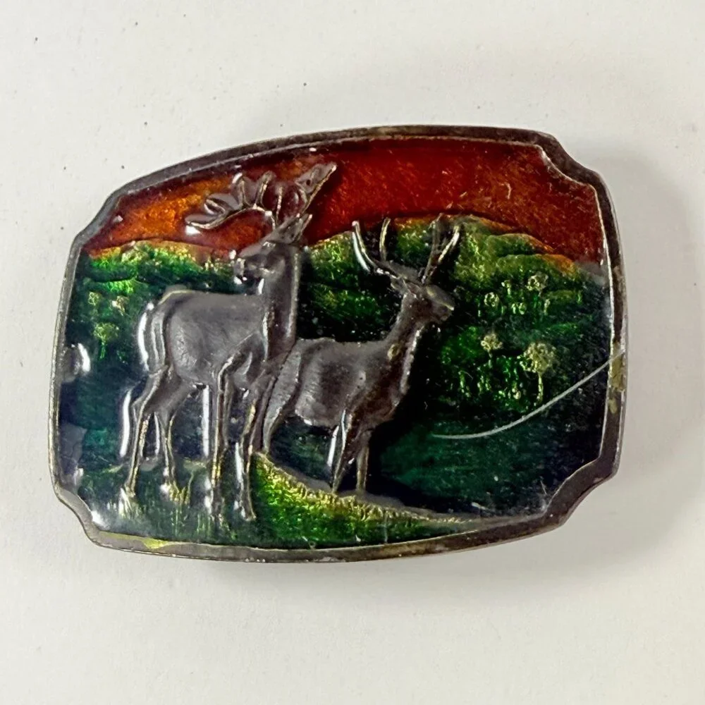 Vintage Xolcaco Deer Elk Antlers Wildlife Landscape Country Belt Buckle