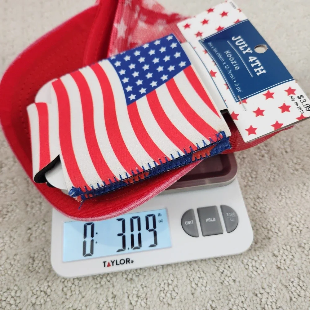 July 4th American Flag Koozie Can Cooler & Red Star Mesh Trucker Hat Set NEW