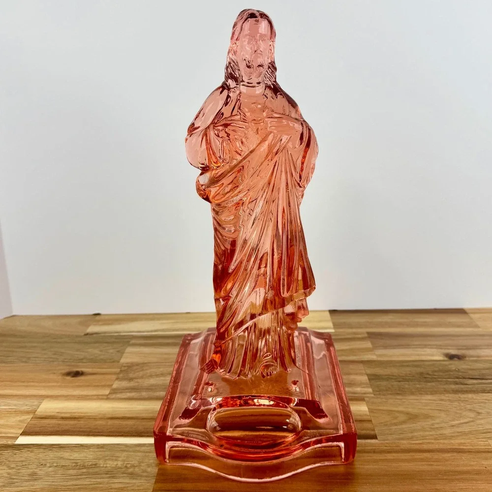 Antique Jesus Christ Pink Depression Glass‎ Sacred Flaming Heart Candle Holder