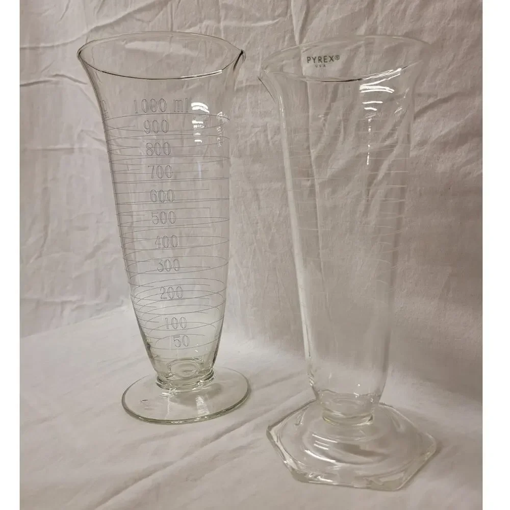 Set of 2 Antique Laboratory Hex-Footed Glass Graduated Cylindar Beakers Pyrex