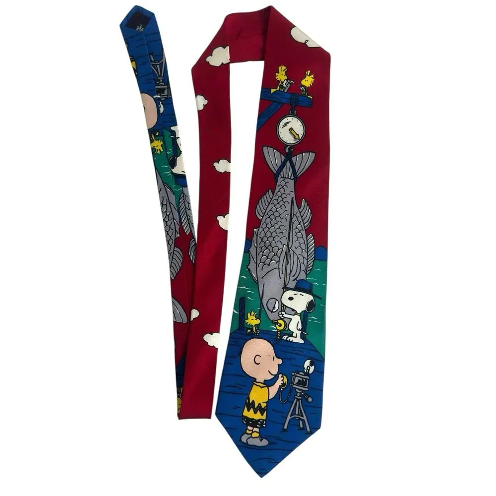 Peanuts Men's 100% Silk Necktie Worlds Greatest Fisherman Snoopy Charlie Brown