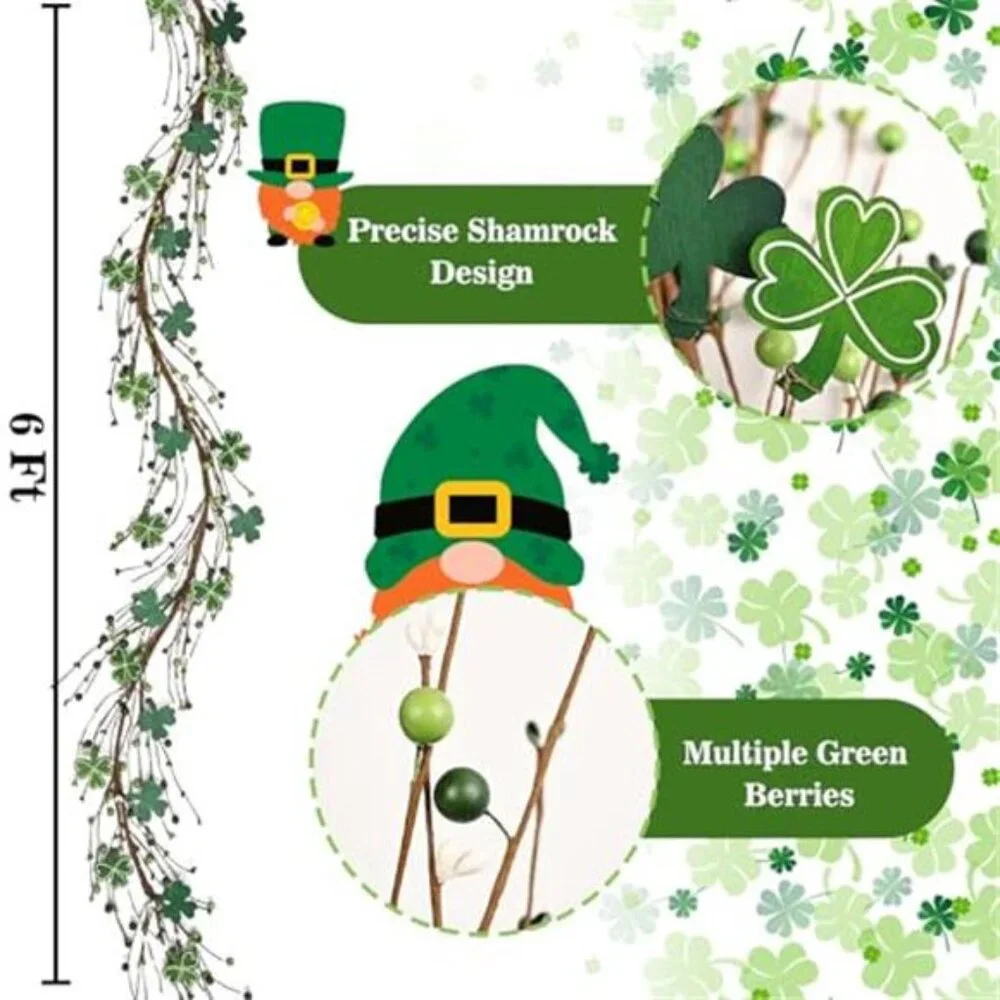 6 Ft St Patrick's Day Garland with Light, Lighted Shamrock Garlands, Green