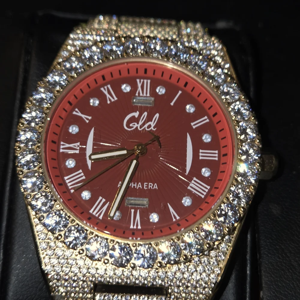 GLD Gold Iced Out 42MM Fully Iced Alpha Era® w/Diamond Prong Link Band /Red Face