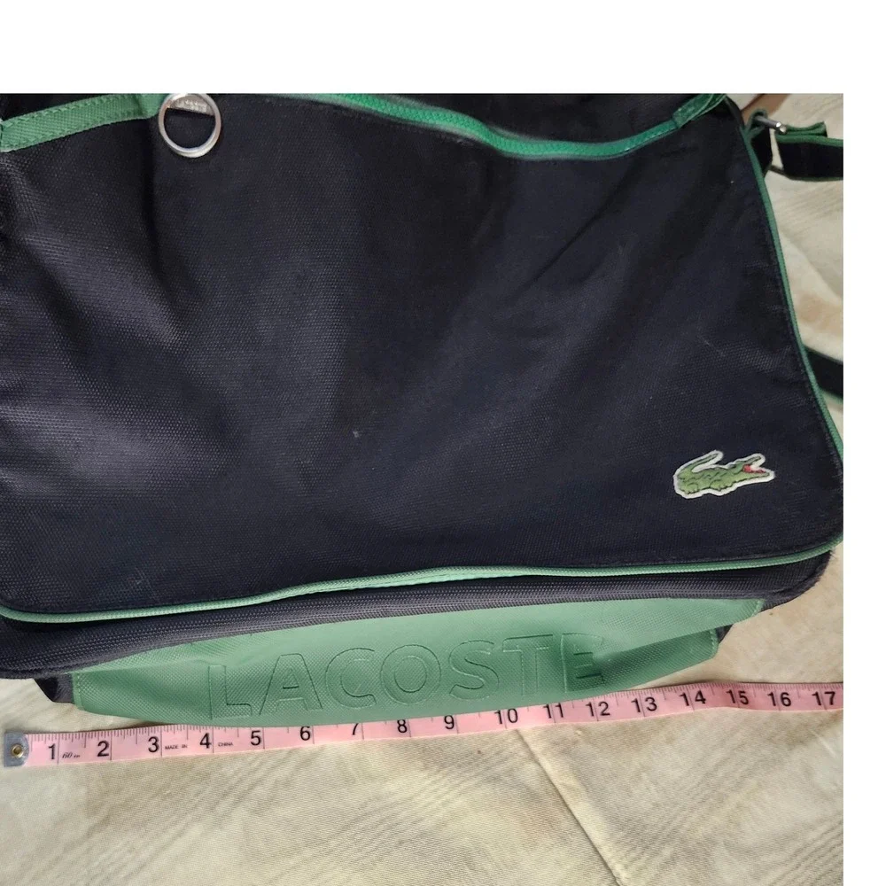 Lacoste Messenger Bag Black Green Canvas Crossbody Laptop Satchel Vintage Sport