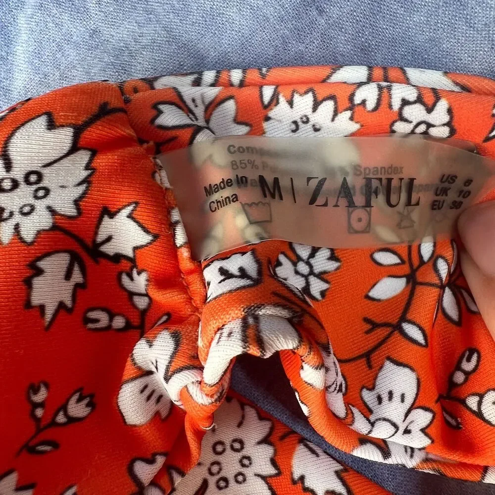 ROMWE ZAFUL  Bikini Women's size M Black Top Orange Floral Print