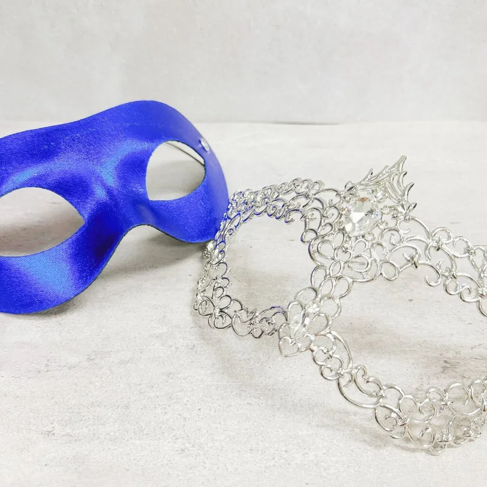 2 in 1 blue mask, Masquerade party wedding, silver masquerade mask, Party mask