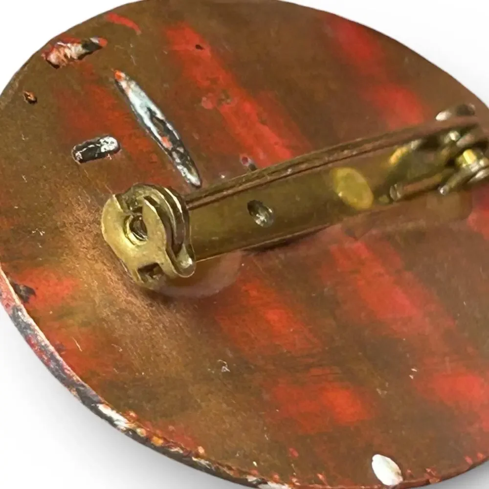 Mid Century Enamel on Copper Rose Brooch 1950s Cottage Core Floral Oval Pin