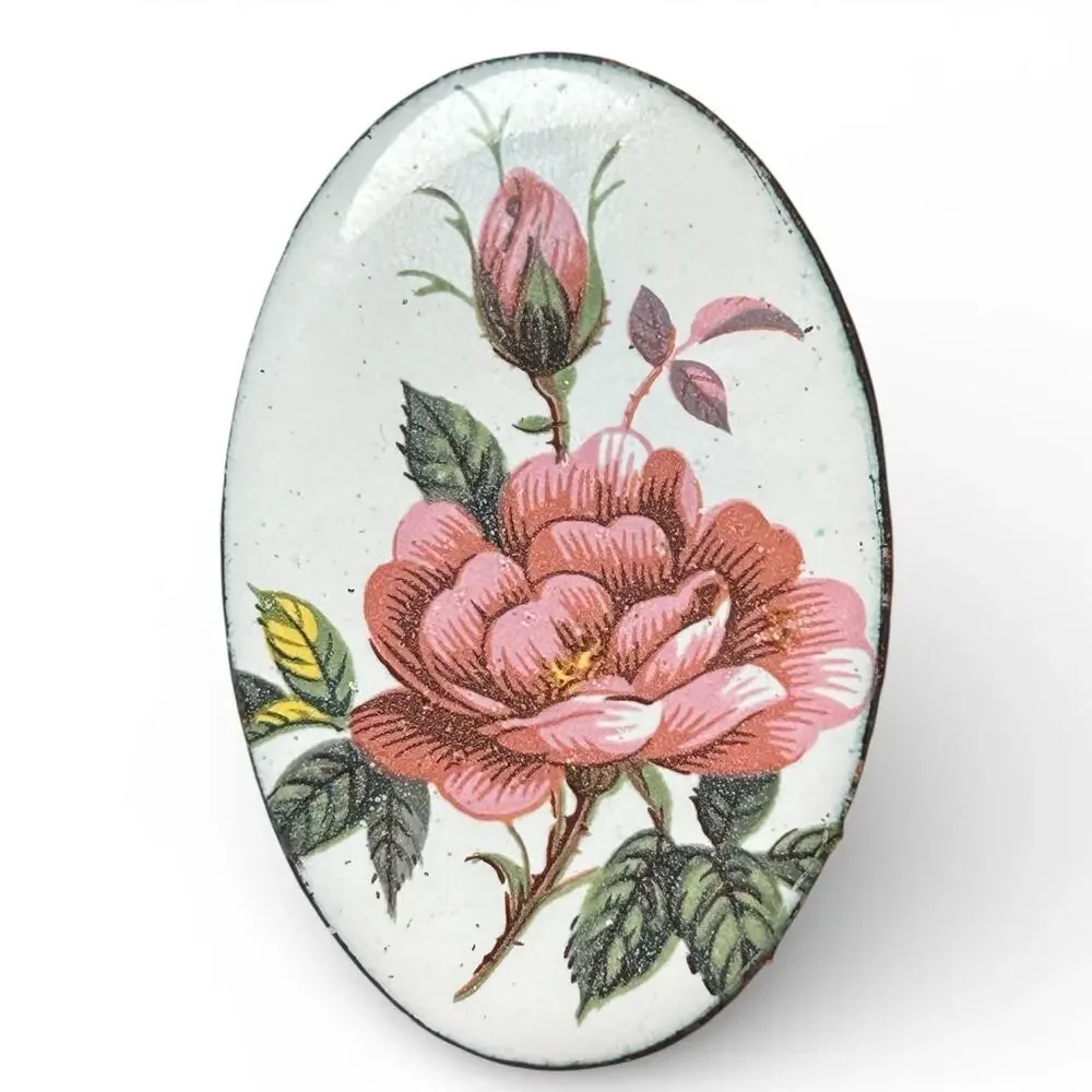 Mid Century Enamel on Copper Rose Brooch 1950s Cottage Core Floral Oval Pin