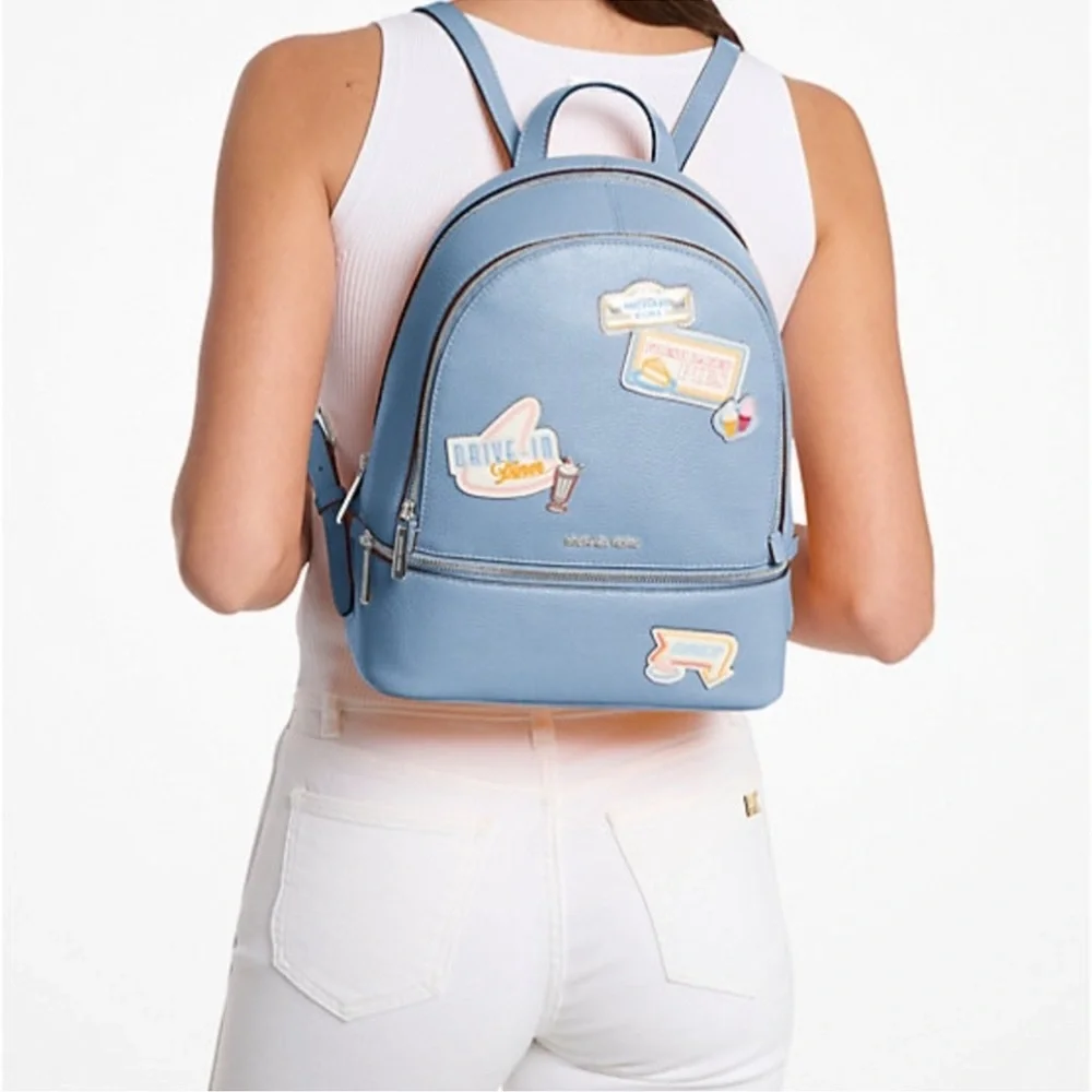 Michael Kors Blue Rhea Embellished Medium Backpack with Patches NWT
