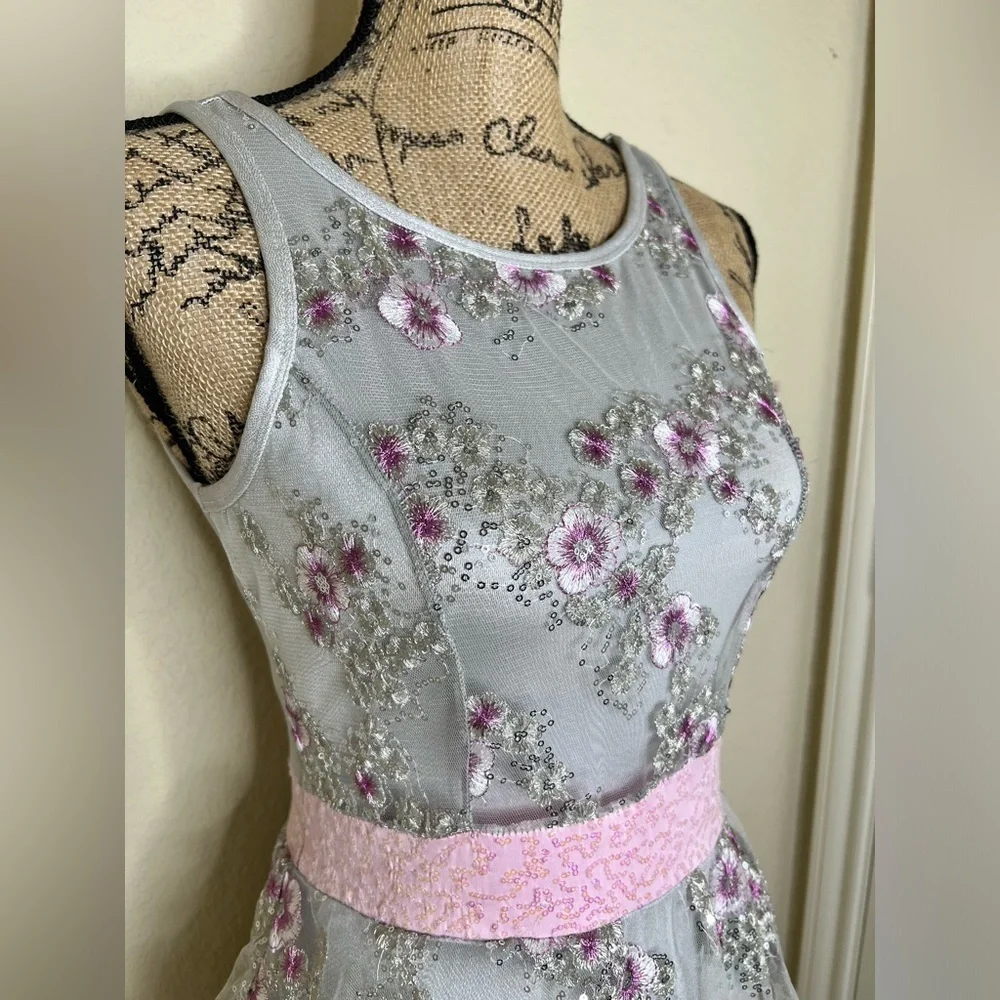 Curtain Call Silver/Gray with Floral Embroidery with Sheer Overskirt Sz Child L