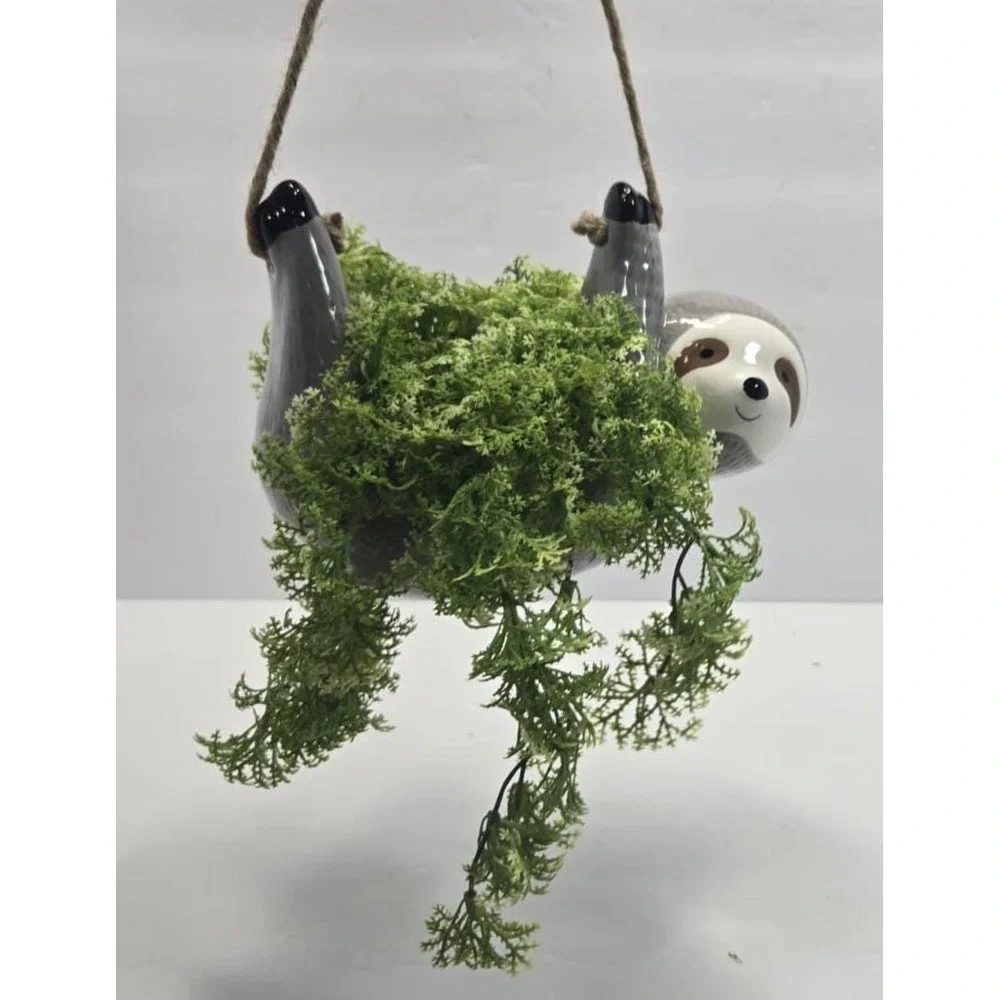 Handmade Sloth Hanging Planter with Faux Greenery – Cute Ceramic Wall Decor