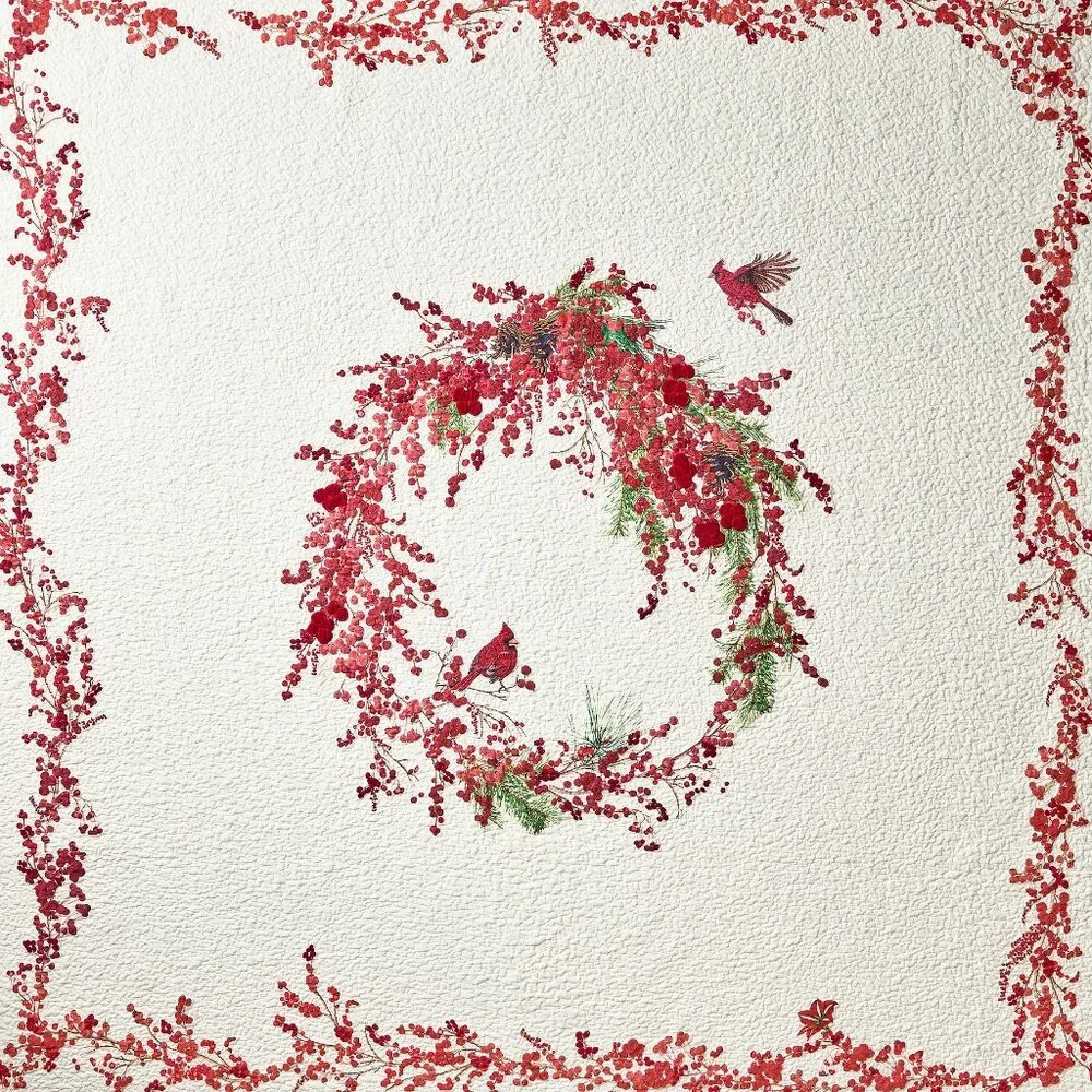 Pottery Barn Red Berry Wreath Quilt Bedding Embroidered Cardinal Full Queen NWT