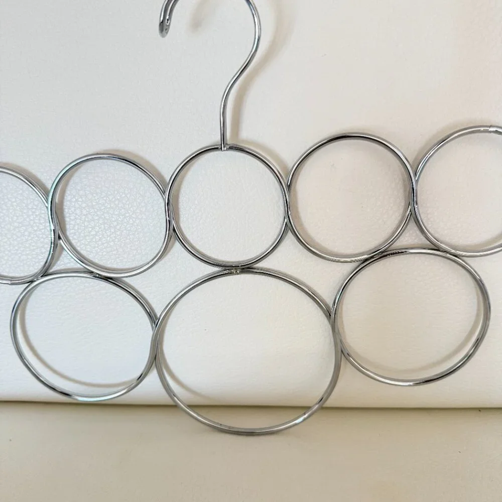 Metal Scarf Hanger Organizer Closet Storage Holder Rack 8 Rings Silver Ton