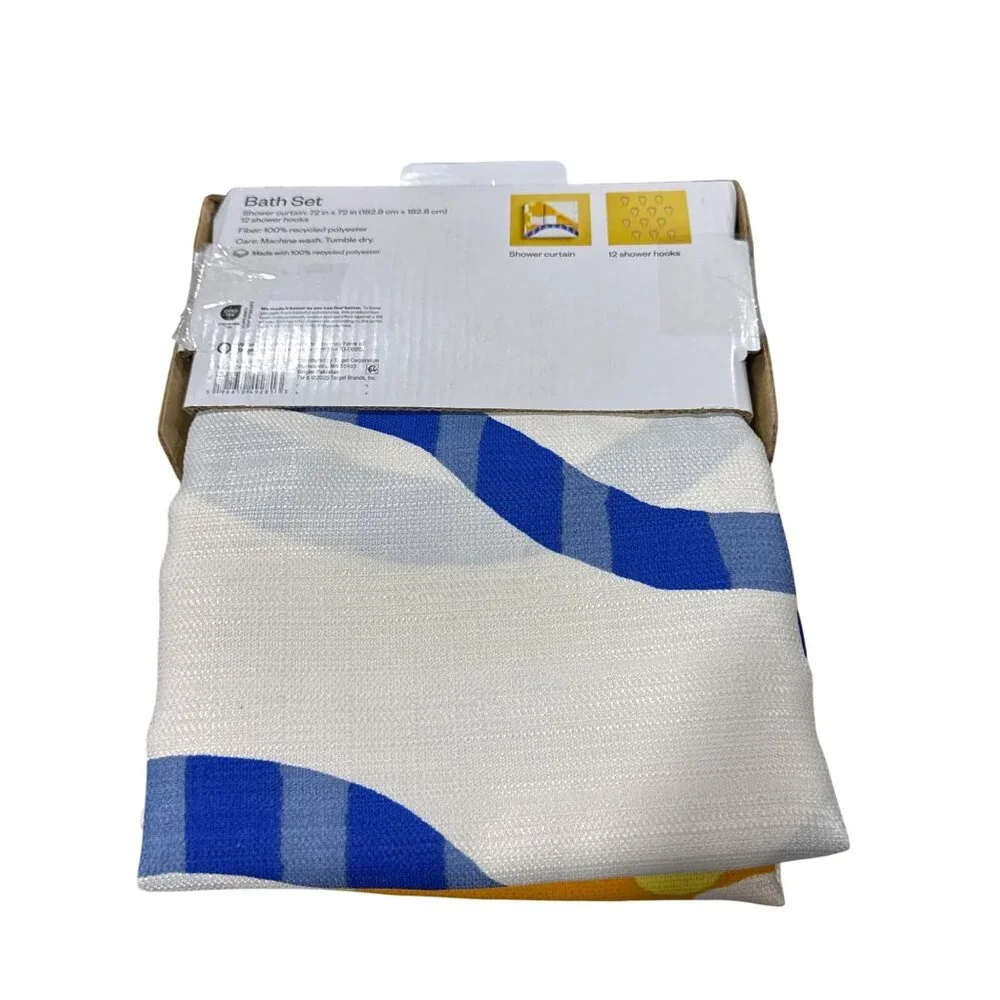 Room Essentials Blue, White, Yellow Wave Geometric Shower Curtain Bath Set With