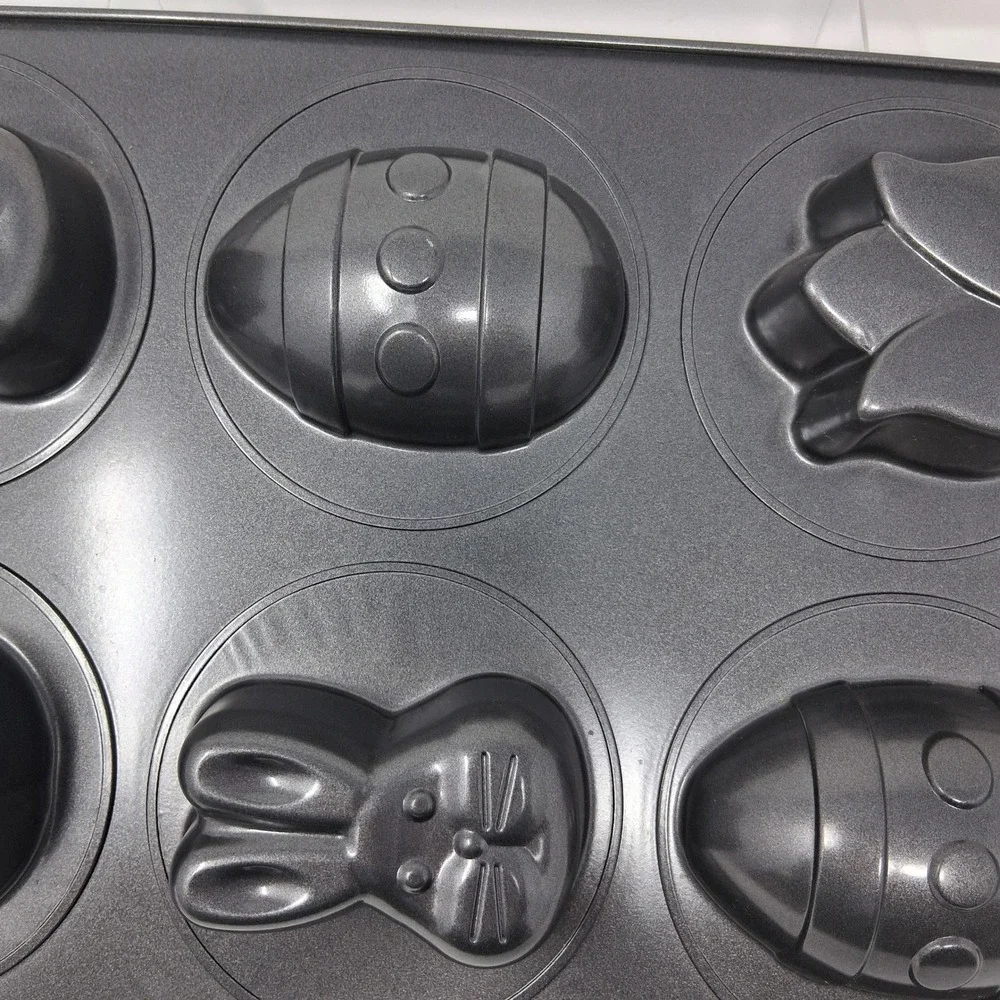 Wilton Easter Non-Stick 6 Cavity Baking Pan Bunny Egg Tulip Shapes Gray Steel