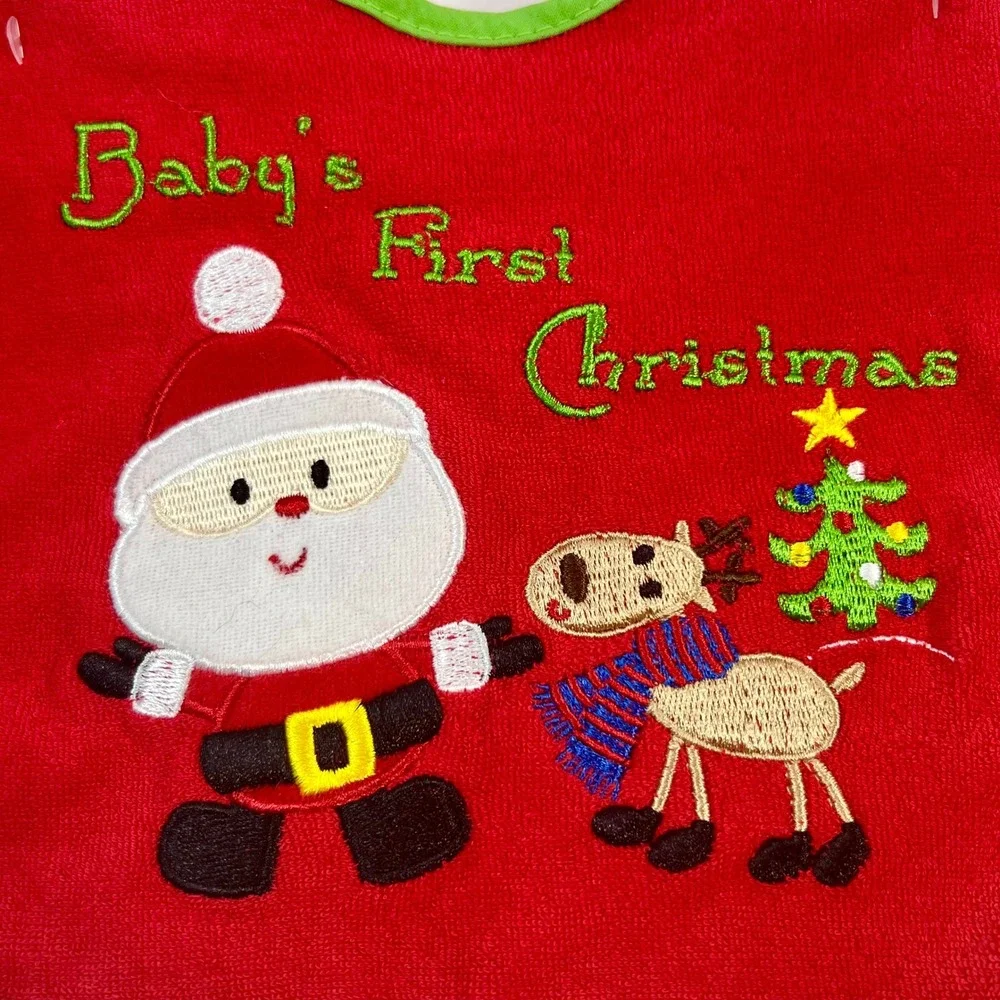 Baby Essentials Babys First Christmas Bib Red Green Santa Reindeer Terry Cloth