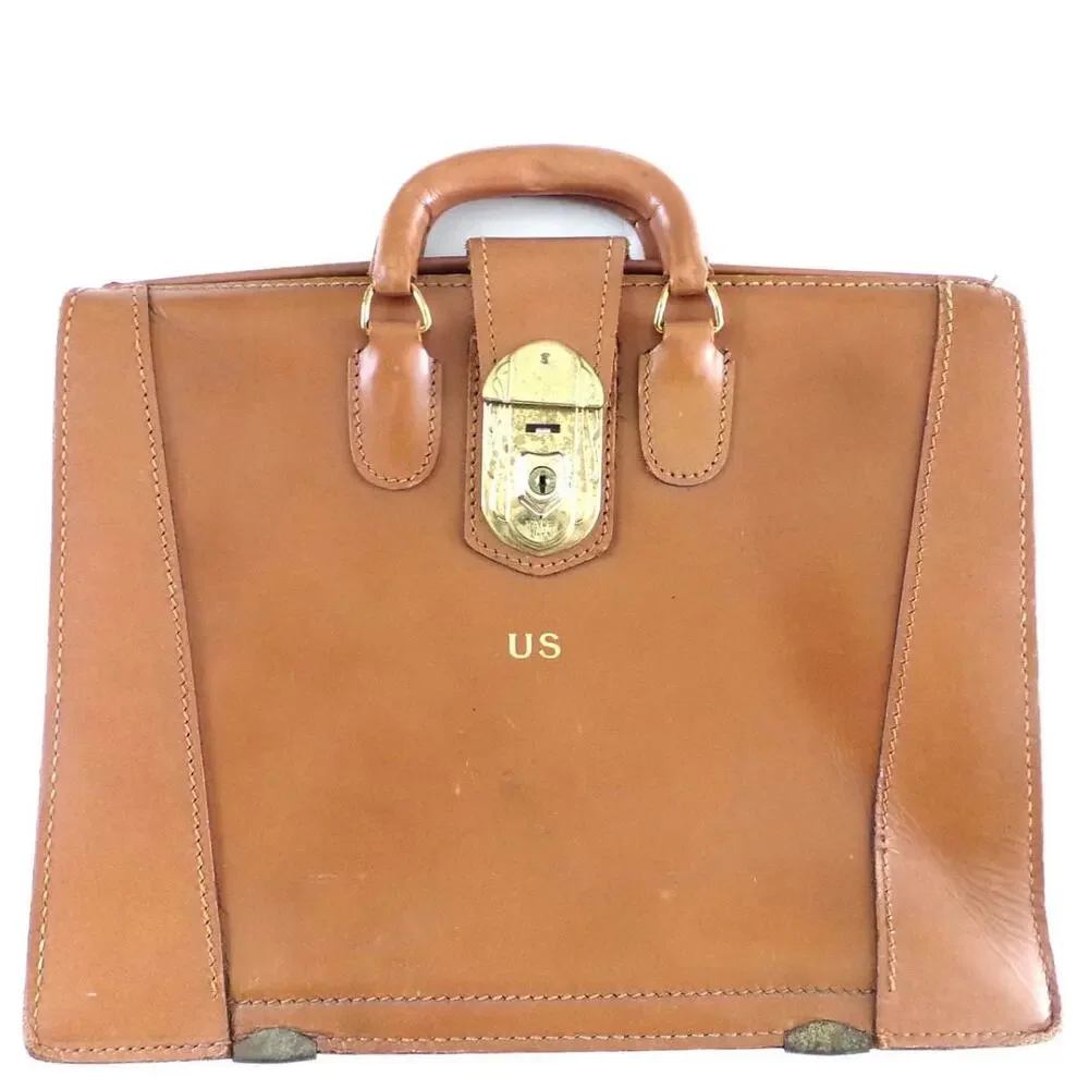 Vintage Leather Satchel Doctor Lawyer Scholar Briefcase US Yale Lock 1950s Tan