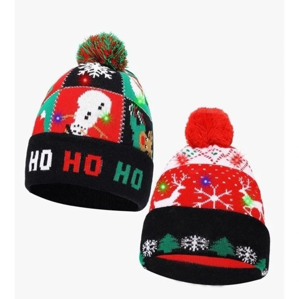 2 Pack LED Christmas Light-up Sweater Hats, Colorful Flashing Knitted Beanie