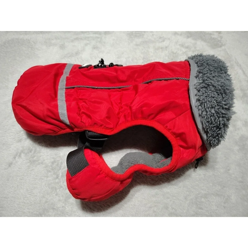 QBLEEV Dog Coat Small Red Reflective Fur Lined Warm Adjustable Outdoor Walks
