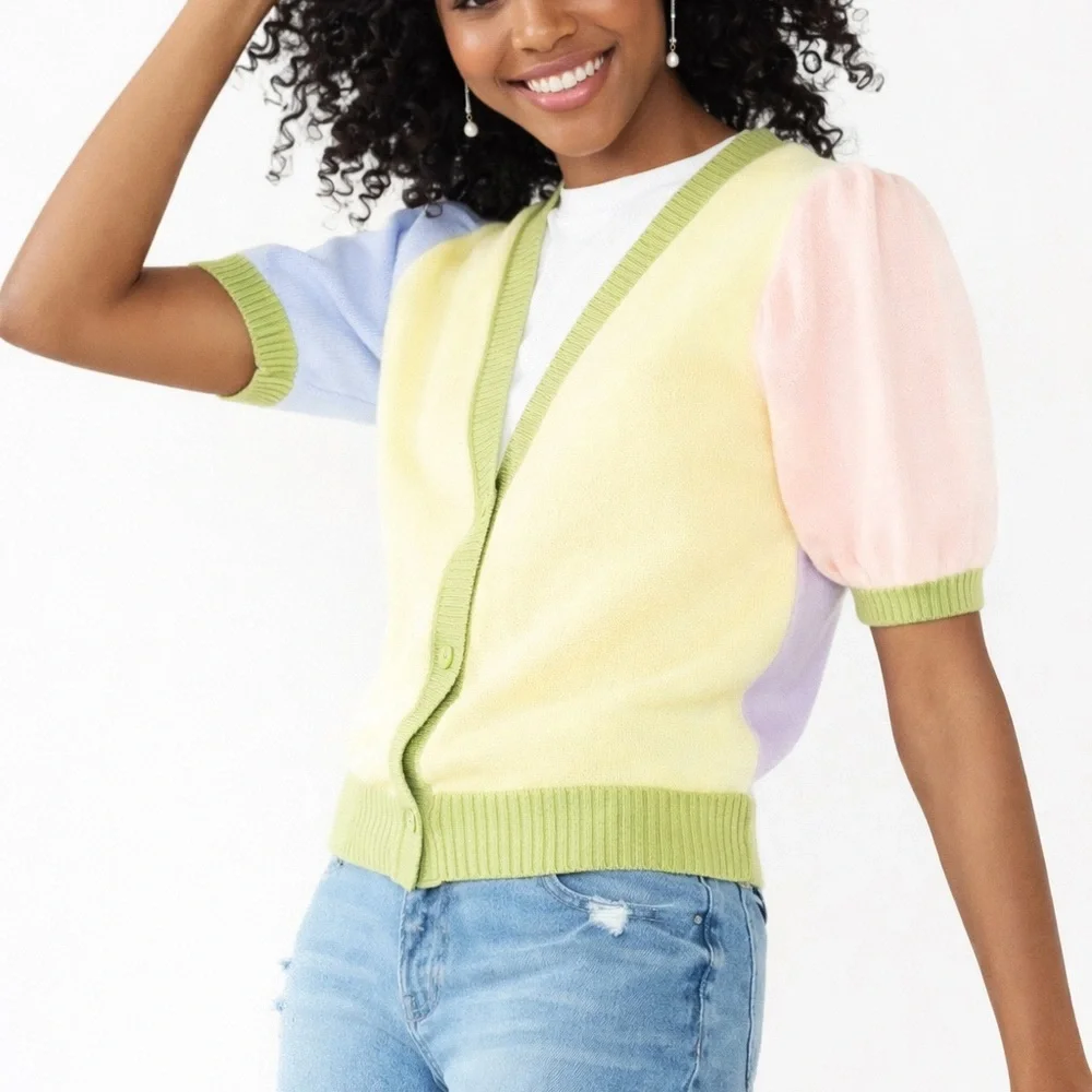 SO Pastel Color-Block Puff Sleeve Cardigan Large
