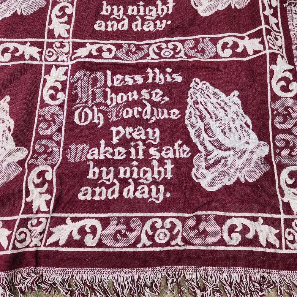 Vintage Tapestry Throw Blanket Fringe Religious Praying Hands Bless This House