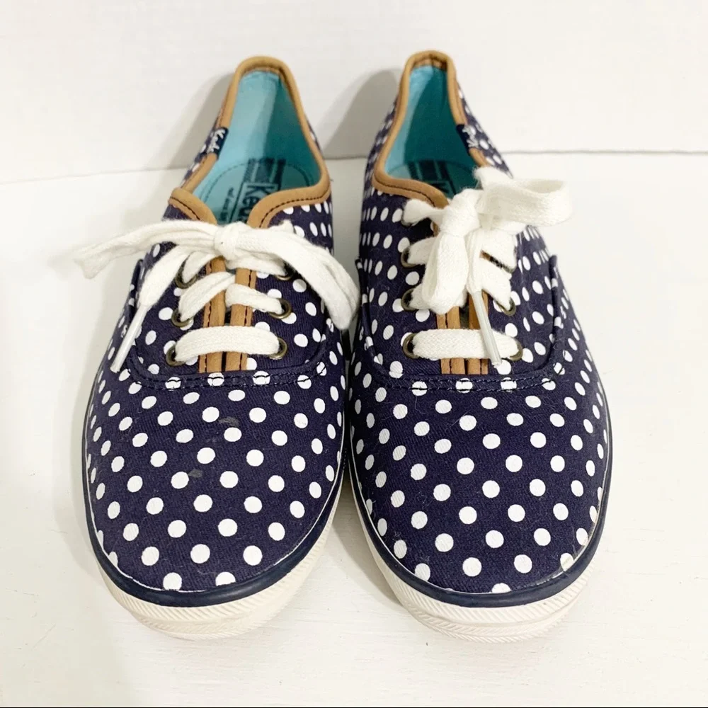 Keds Classic Champion Navy Blue and White Polka Dot Canvas Sneakers Tan Trims