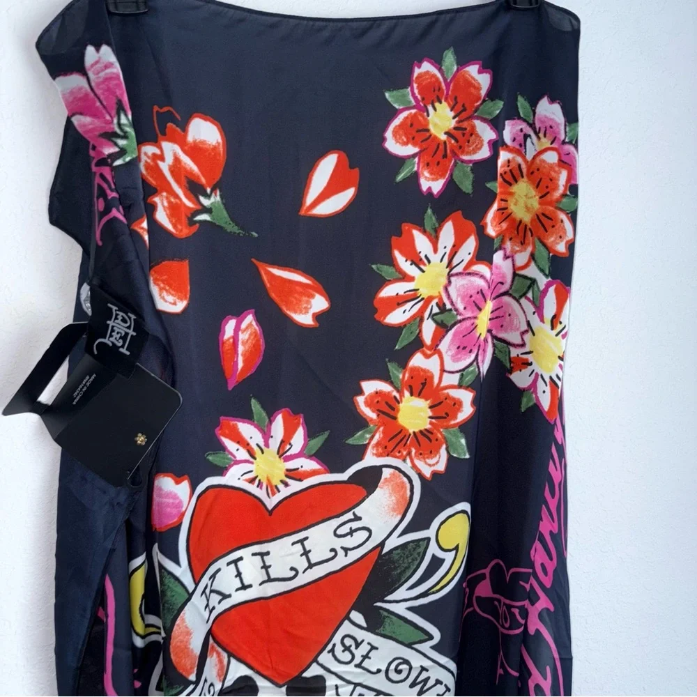 Ed‎ Hardy 4 ways to wear skull silky black red scarf 42 inches x 42 inches new