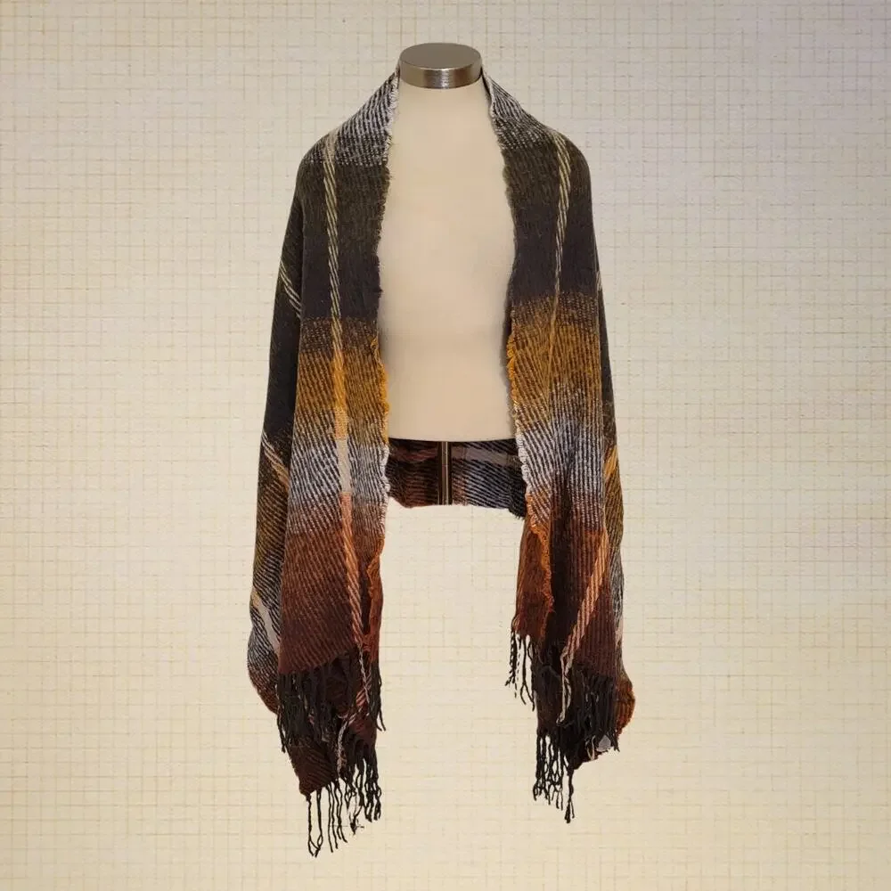 Studio Patterned Shawl Scarf Acrylic Cozy Warm Fringe Ends Autumn Layering