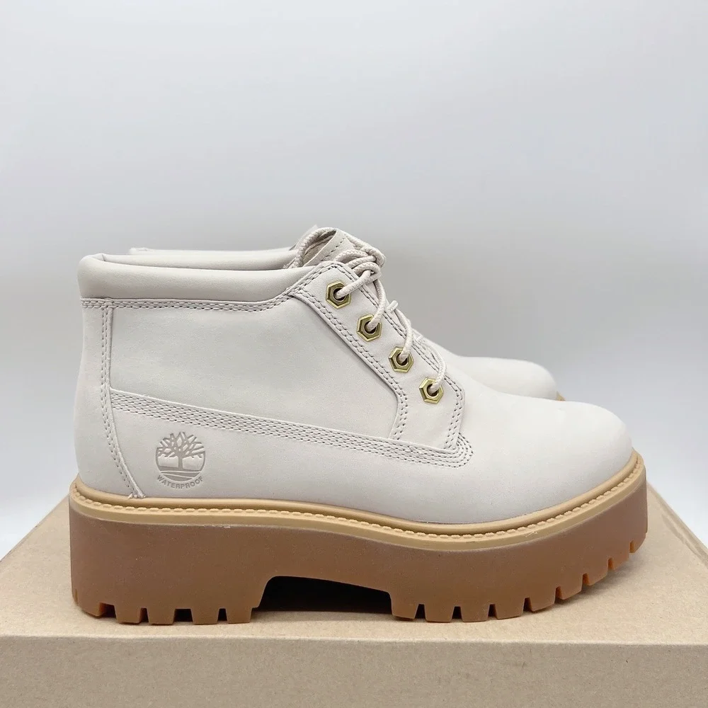 Timberland Stone Street Platform Mid Waterproof Chukka Boots White Nubuck US 7